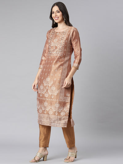 Neerus Brown Printed Straight Kurta and Trousers With Dupatta