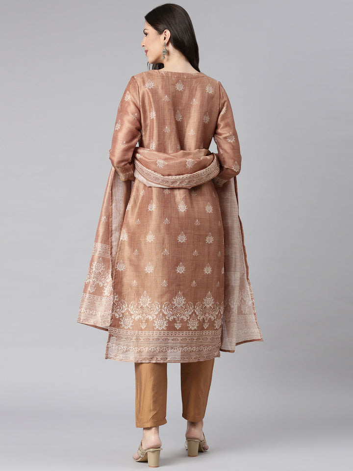 Neerus Brown Printed Straight Kurta and Trousers With Dupatta