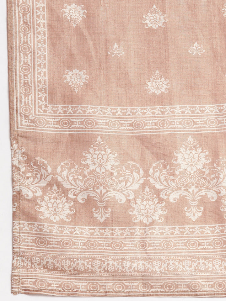 Neerus Brown Printed Straight Kurta and Trousers With Dupatta
