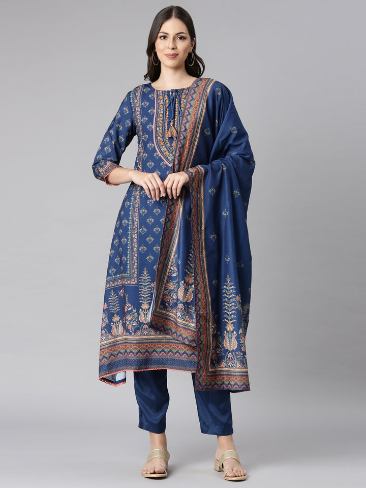 Neerus Blue Printed Kurta and Trousers With Dupatta