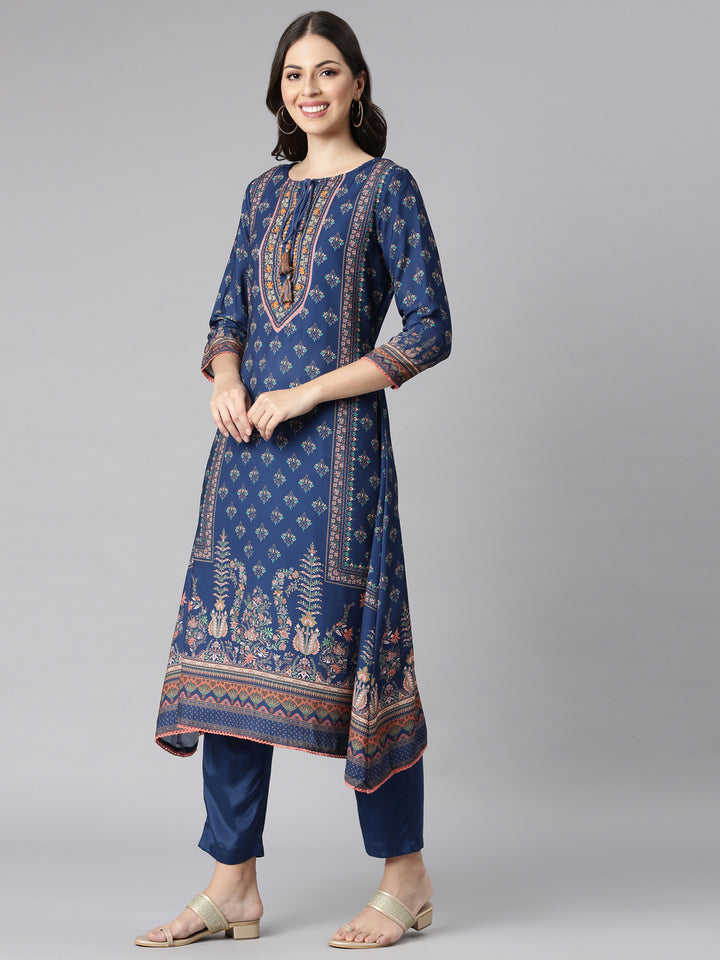 Neerus Blue Printed Kurta and Trousers With Dupatta
