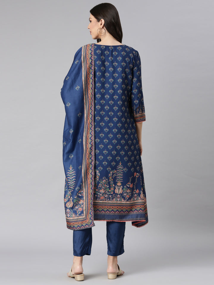 Neerus Blue Printed Kurta and Trousers With Dupatta