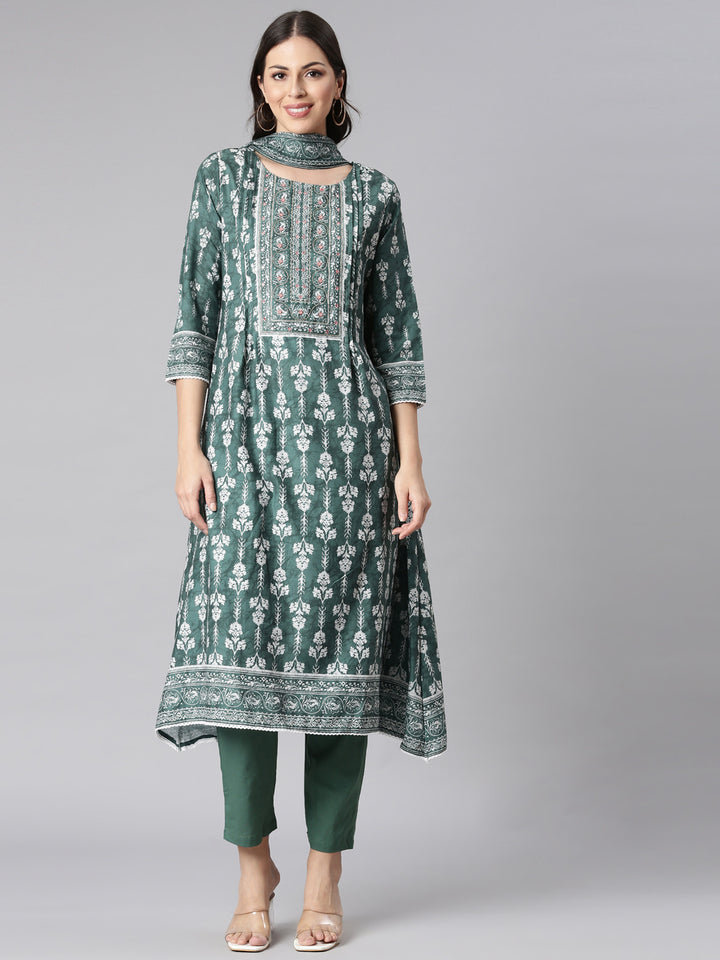 Neerus Olive Printed Kurta and Trousers With Dupatta