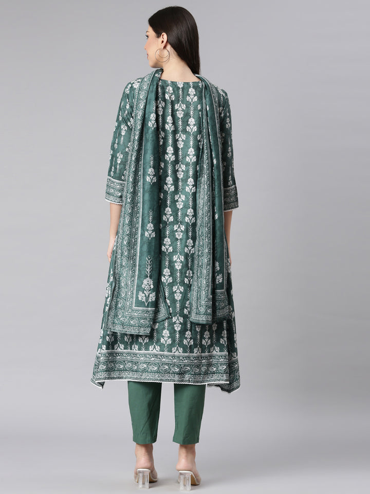 Neerus Olive Printed Kurta and Trousers With Dupatta
