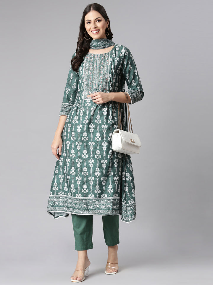 Neerus Olive Printed Kurta and Trousers With Dupatta