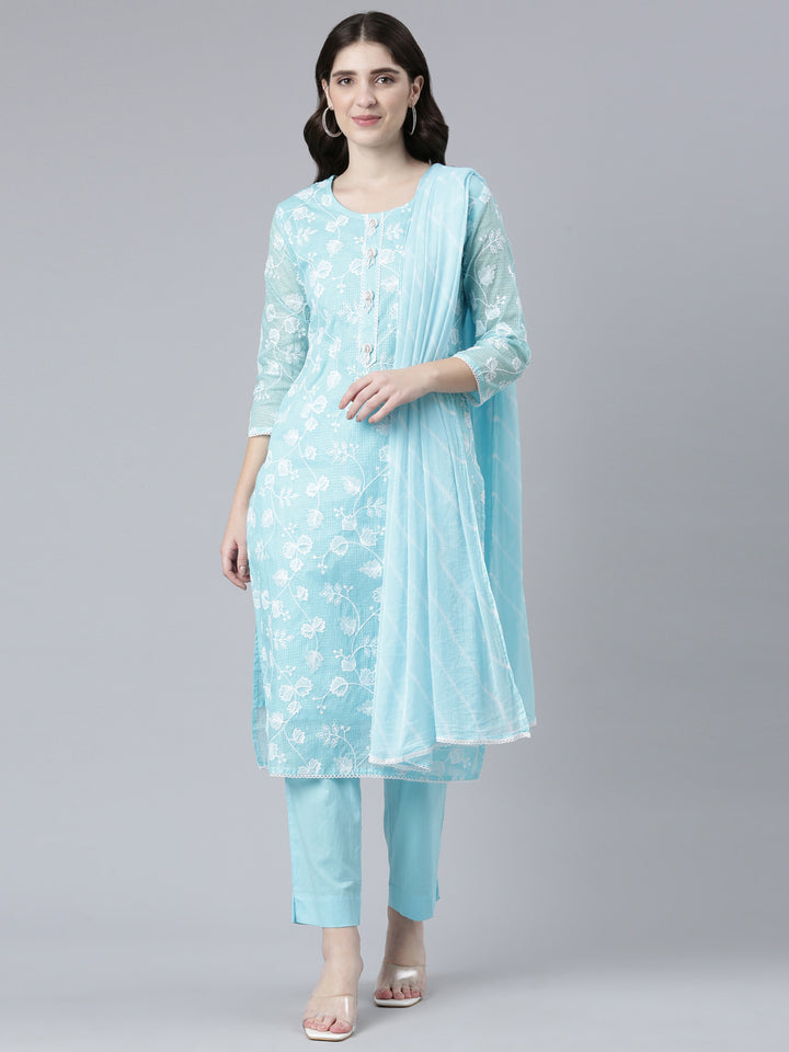Neerus Blue Regular Straight Embroidered Kurta And Trousers With Dupatta