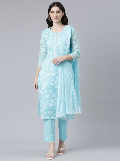 Neerus Blue Regular Straight Embroidered Kurta And Trousers With Dupatta