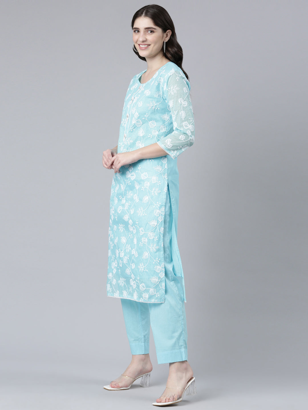 Neerus Blue Regular Straight Embroidered Kurta And Trousers With Dupatta