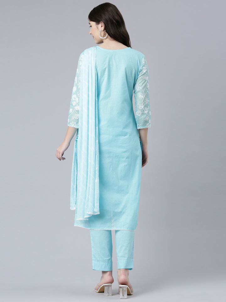 Neerus Blue Regular Straight Embroidered Kurta And Trousers With Dupatta