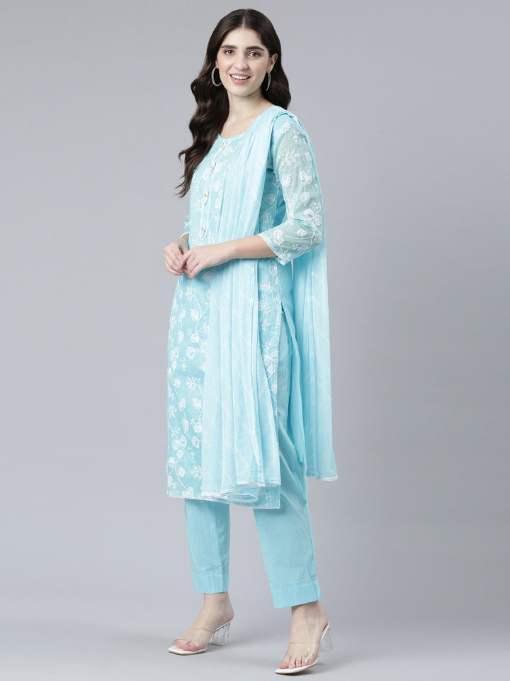 Neerus Blue Regular Straight Embroidered Kurta And Trousers With Dupatta