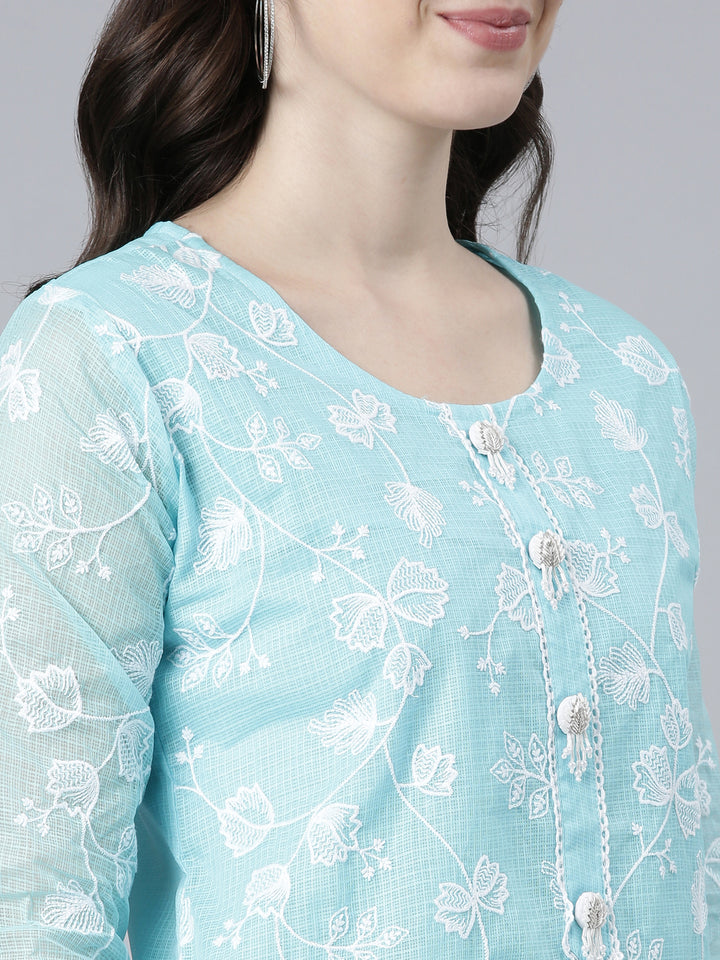 Neerus Blue Regular Straight Embroidered Kurta And Trousers With Dupatta