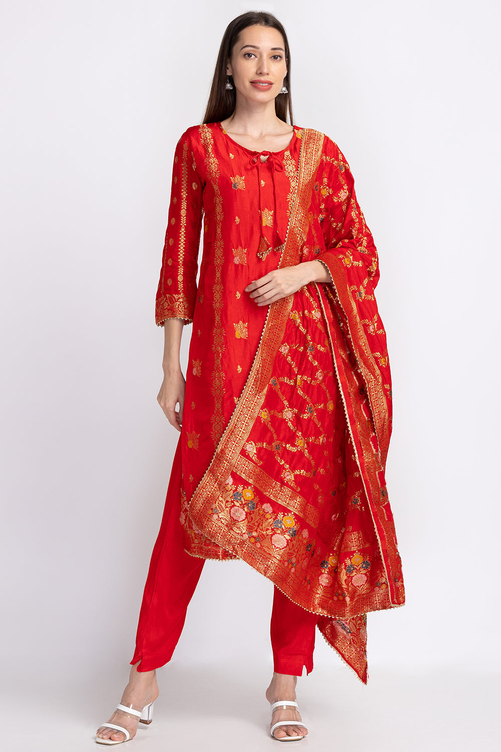 Neerus Red Banarasi woven suit set - front view