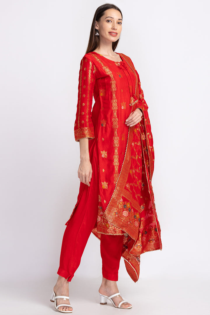 Neerus Red Banarasi woven suit set - back view