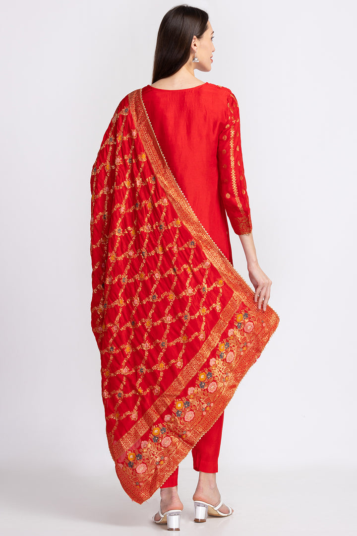 Neerus Red Banarasi woven suit set - side view
