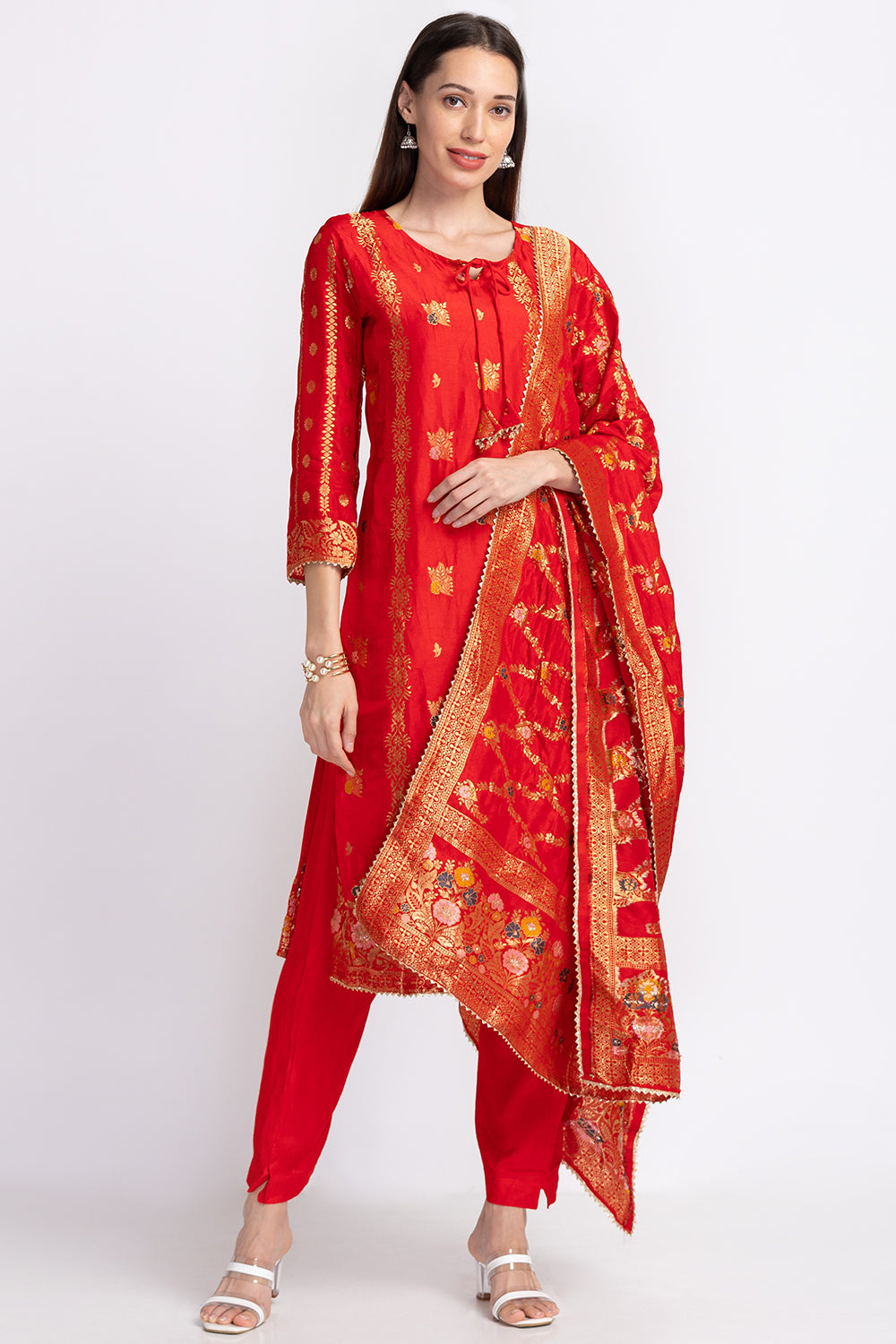 Neerus Red Banarasi woven suit set - detail view 2