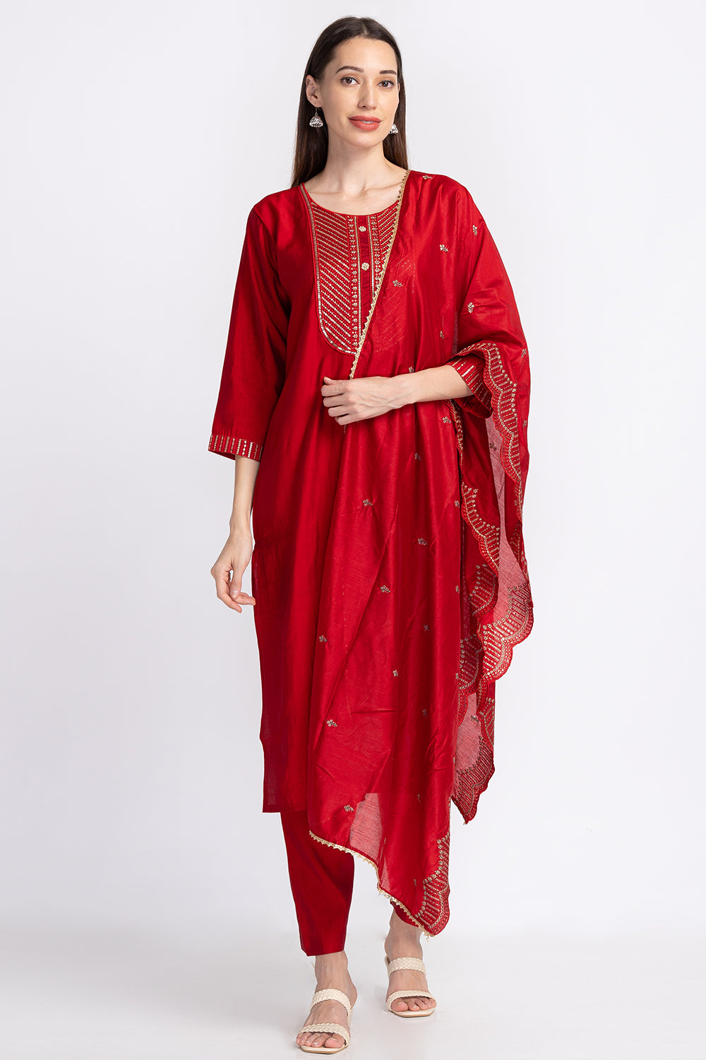 Neerus Muslin embellished panelled suit set - front view