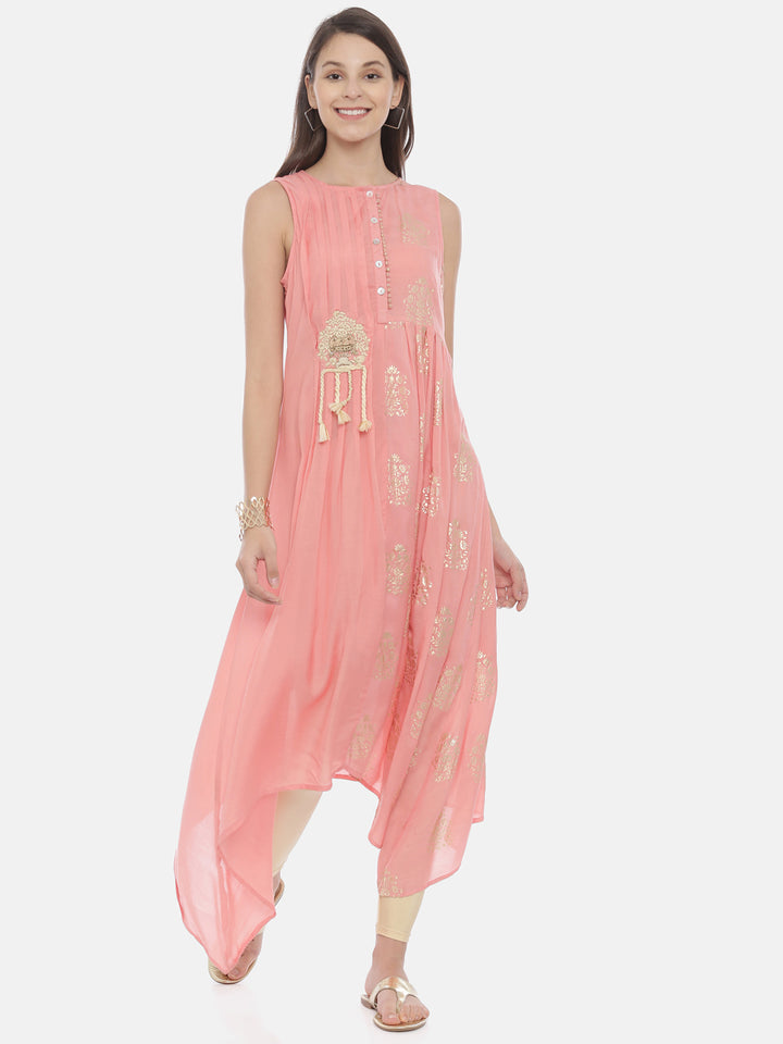 Neerus Pink embroidered A-line kurta - front view