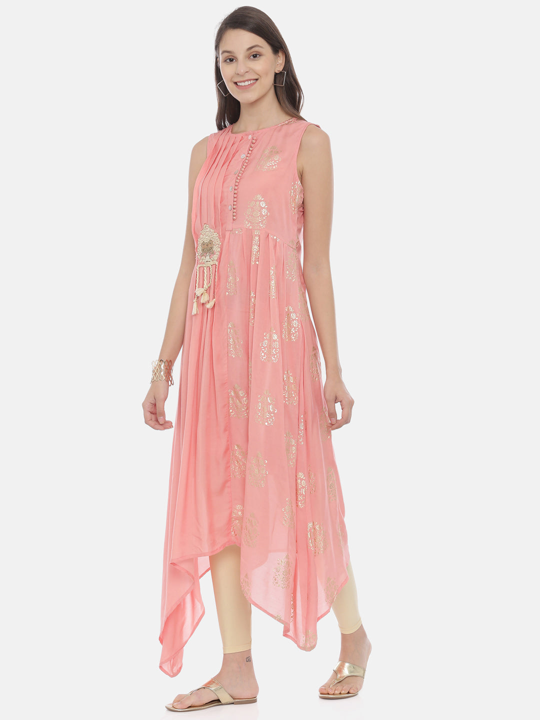 Neerus Pink embroidered A-line kurta - back view