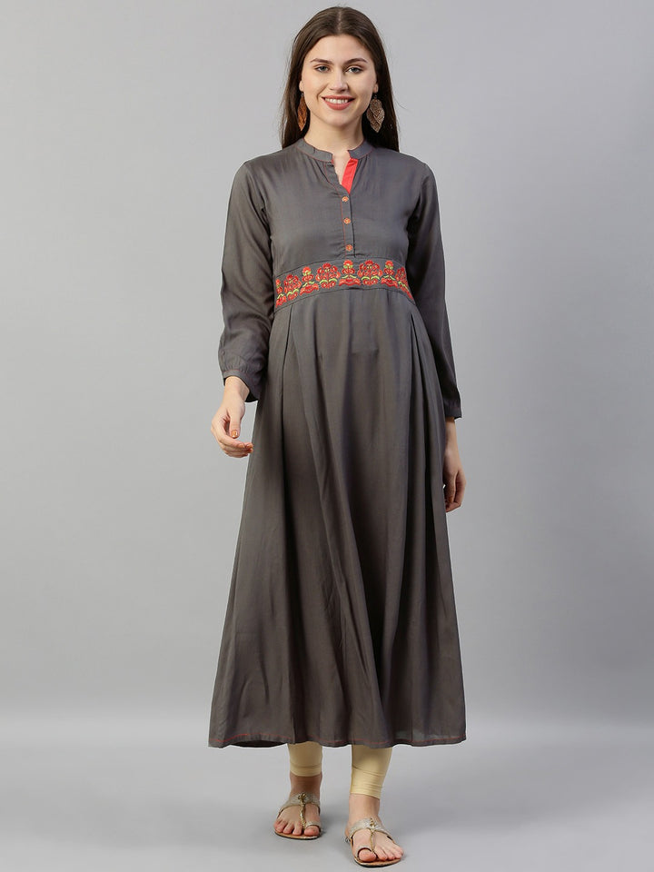 Neerus Grey embroidered A-line kurta - front view