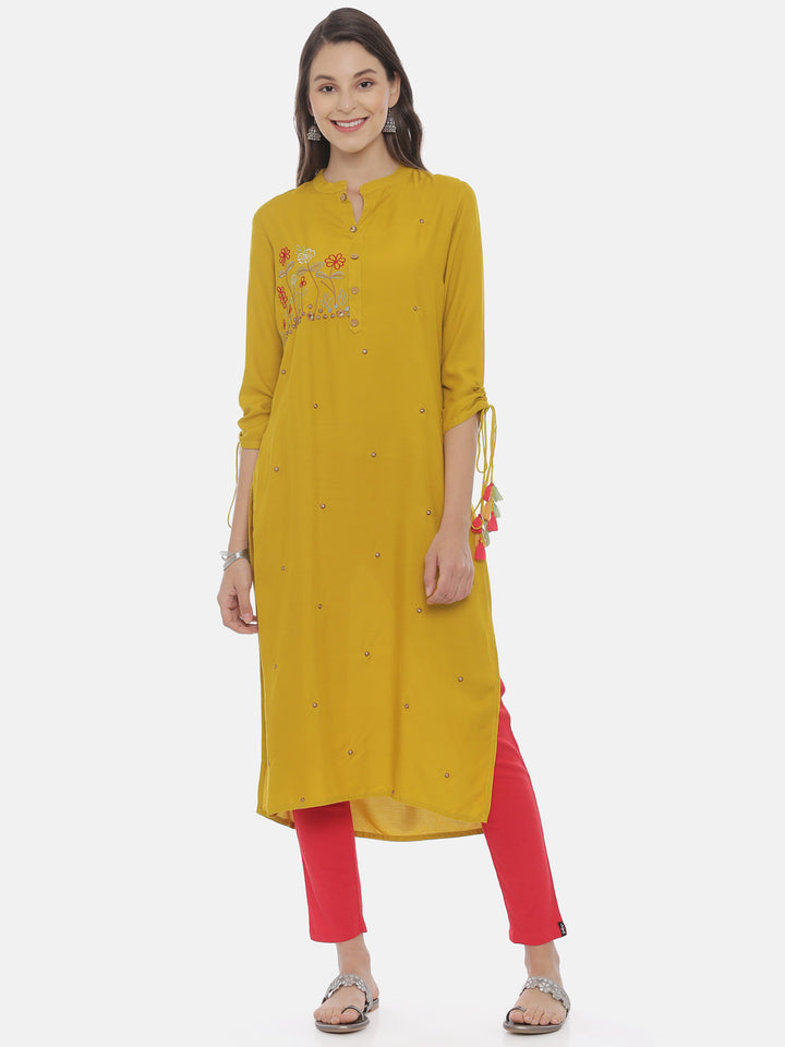 Neerus Women Mustard Yellow Embroidered Straight Kurta