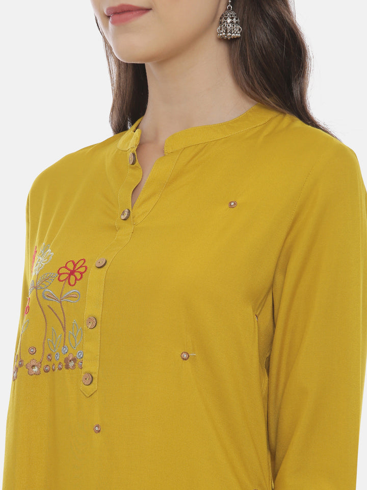 Neerus Women Mustard Yellow Embroidered Straight Kurta
