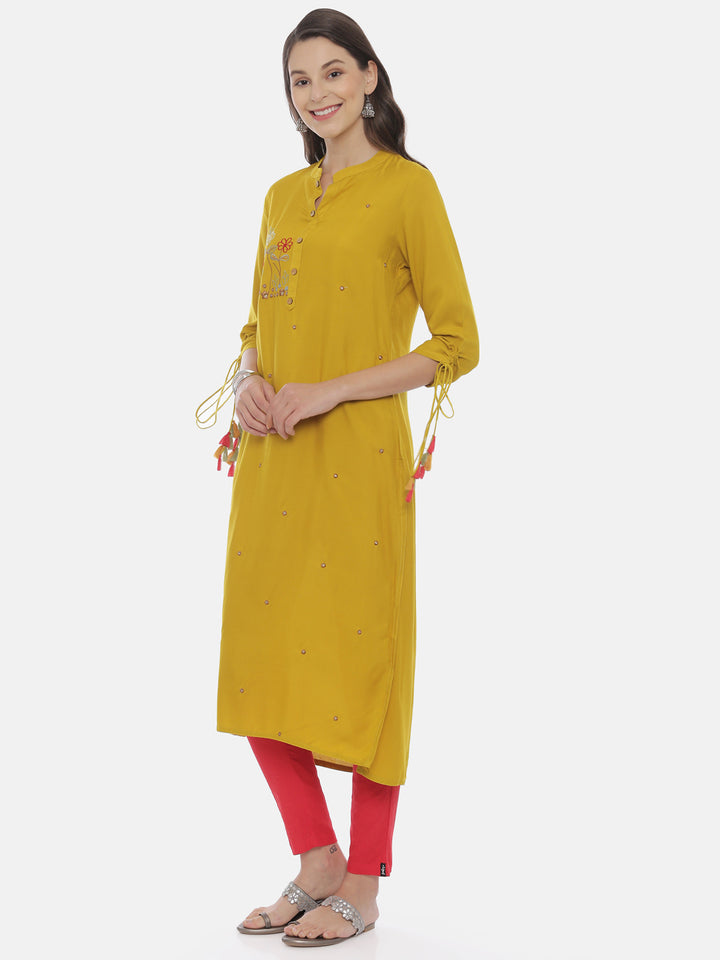 Neerus Women Mustard Yellow Embroidered Straight Kurta