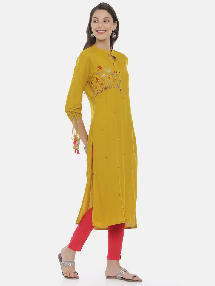 Neerus Women Mustard Yellow Embroidered Straight Kurta