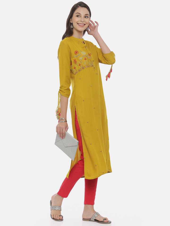Neerus Women Mustard Yellow Embroidered Straight Kurta