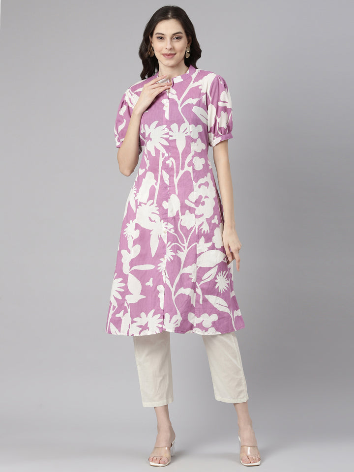 Neerus Purple cotton printed straight kurti - front view