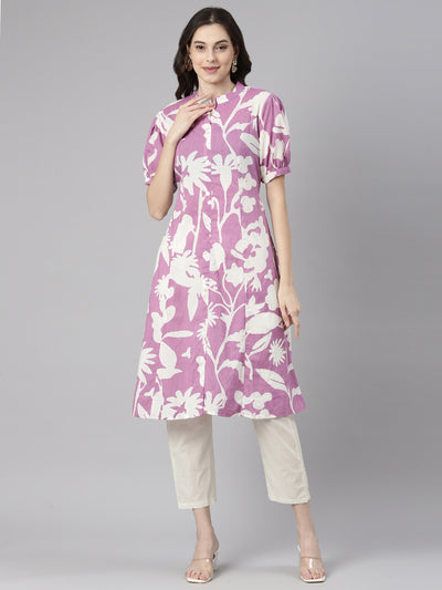 Neerus Lavender Casual Floral Straight Kurtas