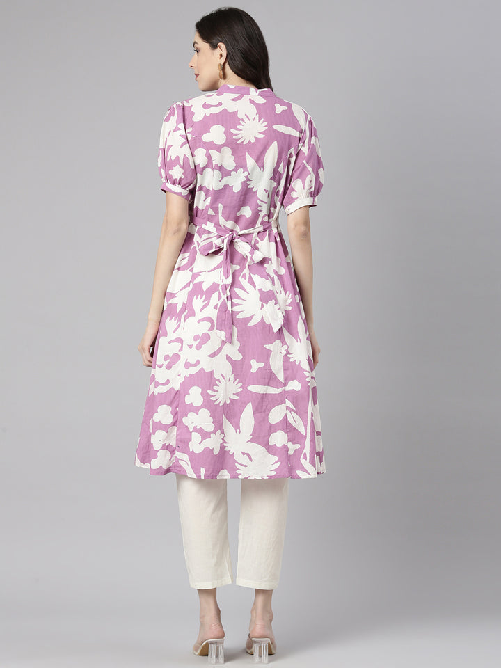 Neerus Purple cotton printed straight kurti - side view