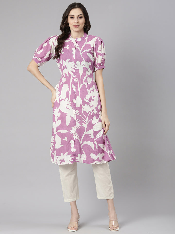 Neerus Purple cotton printed straight kurti - detail view 2
