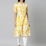 Neerus Mustard Casual Floral Straight Kurtas
