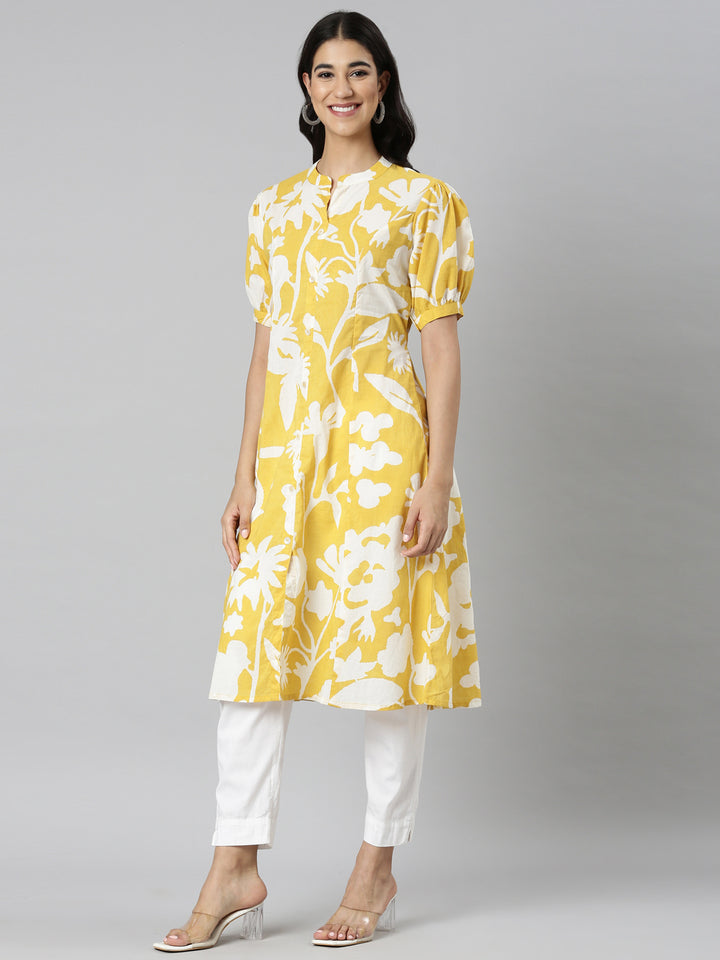 Neerus Mustard Casual Floral Straight Kurtas