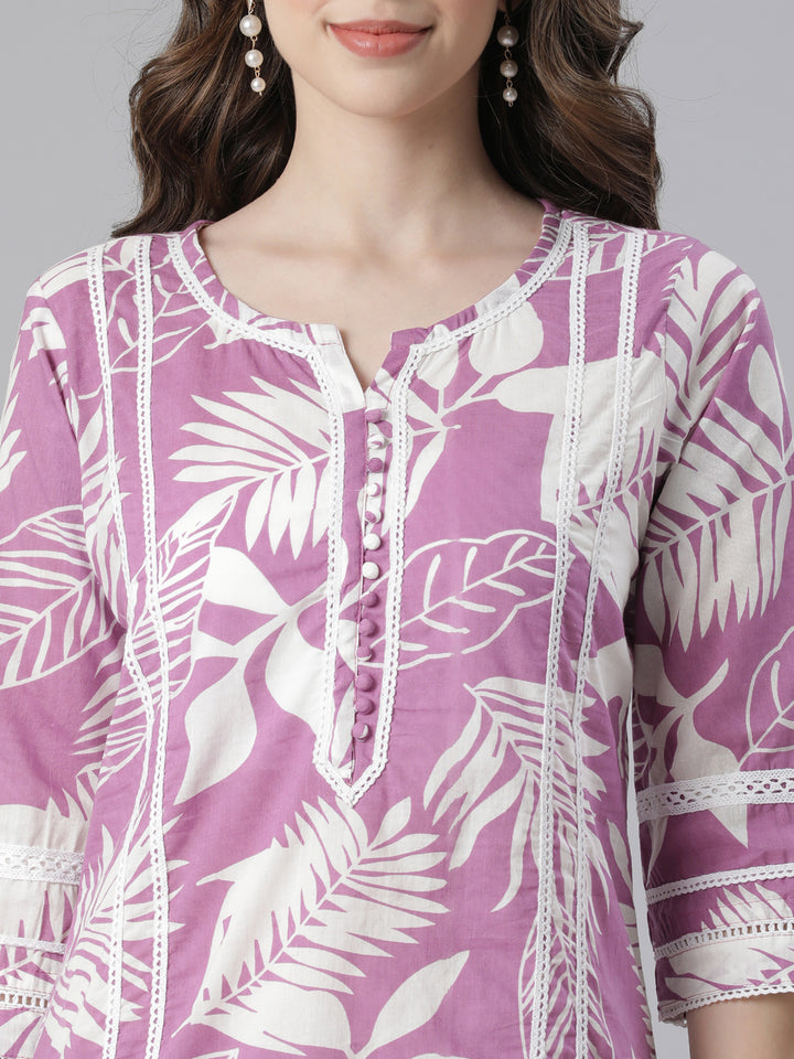 Neerus Lavender Printed Straight Kurta and Trousers With Dupatta