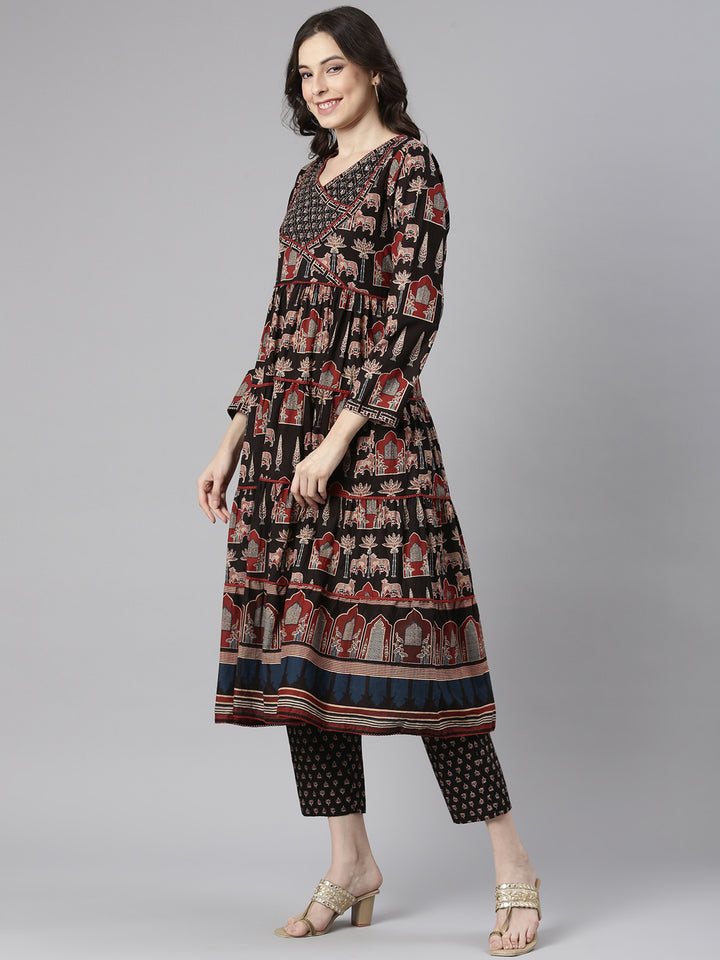 Neerus Black Printed Anarkali Kurta and Trousers With Dupatta