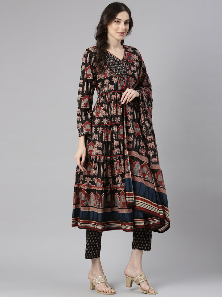 Neerus Black Printed Anarkali Kurta and Trousers With Dupatta
