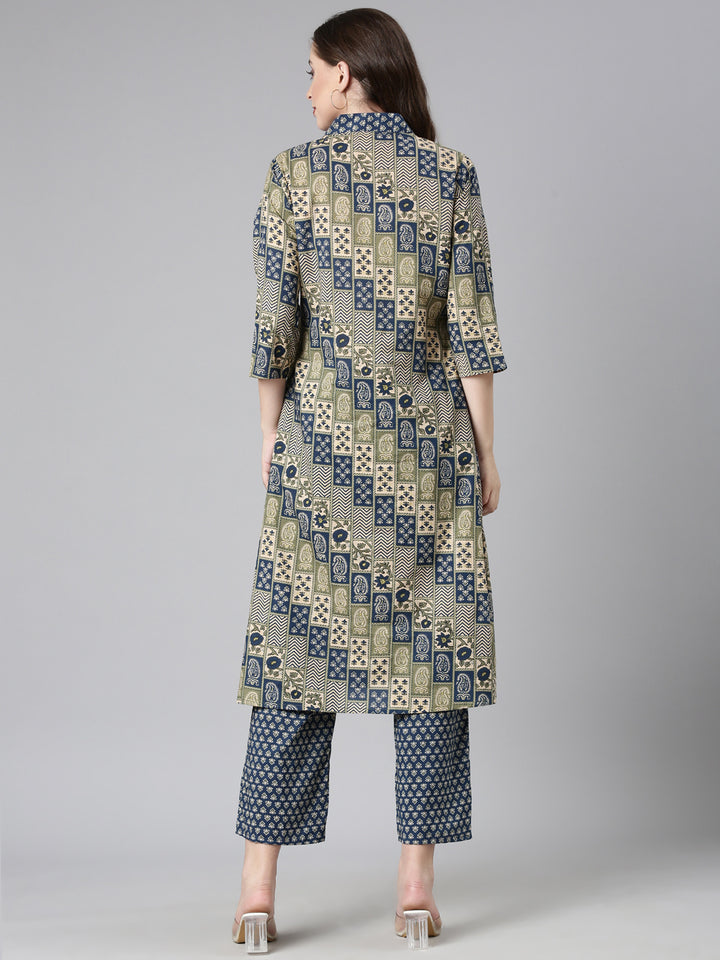 Neerus Green Printed Straight Kurta and Trousers