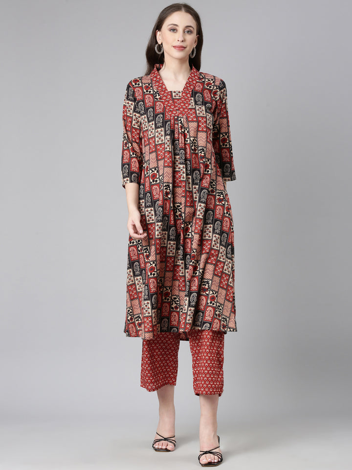Neerus Orange cotton printed suit set - front view
