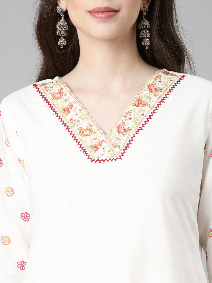Neerus Off White Printed Straight Kurta and Trousers With Dupatta