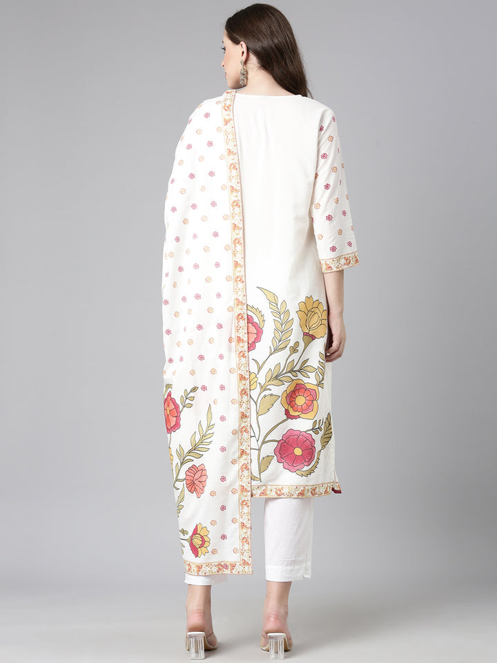 Neerus Off White Printed Straight Kurta and Trousers With Dupatta