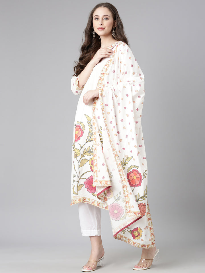 Neerus Off White Printed Straight Kurta and Trousers With Dupatta