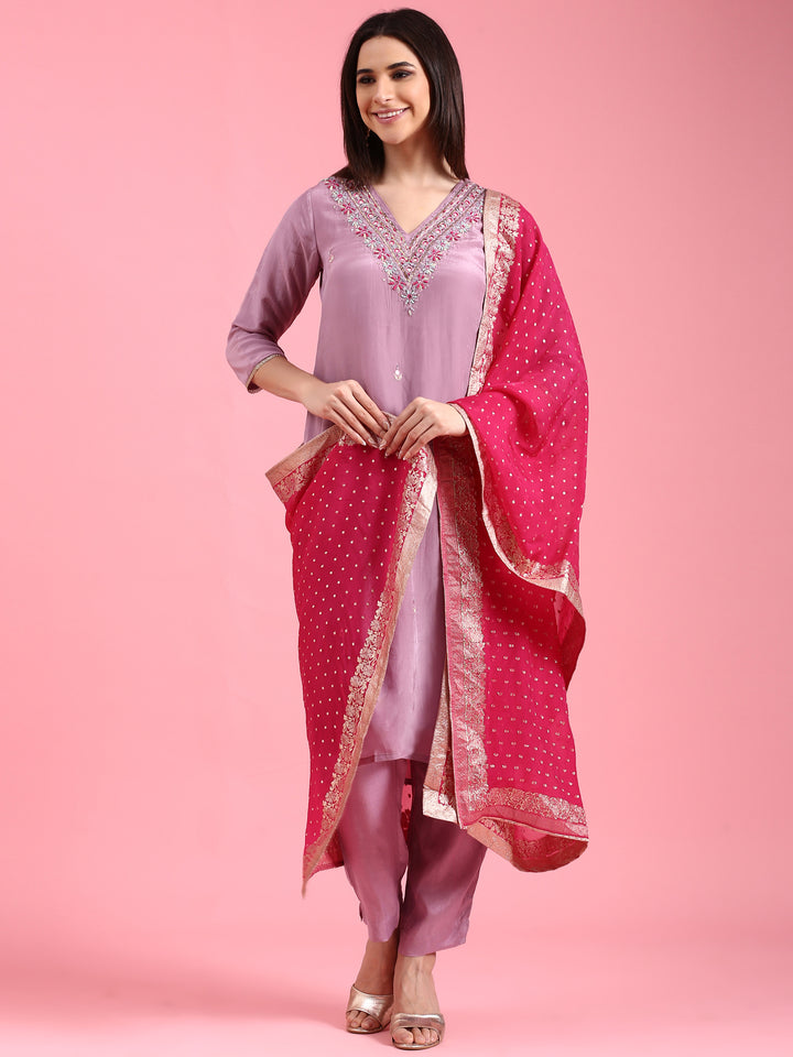 Lilac Organza Hand Embroidery Three Piece Suit Set