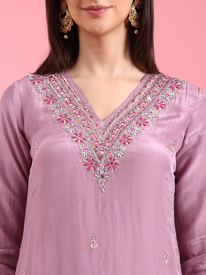 Lilac Organza Hand Embroidery Three Piece Suit Set