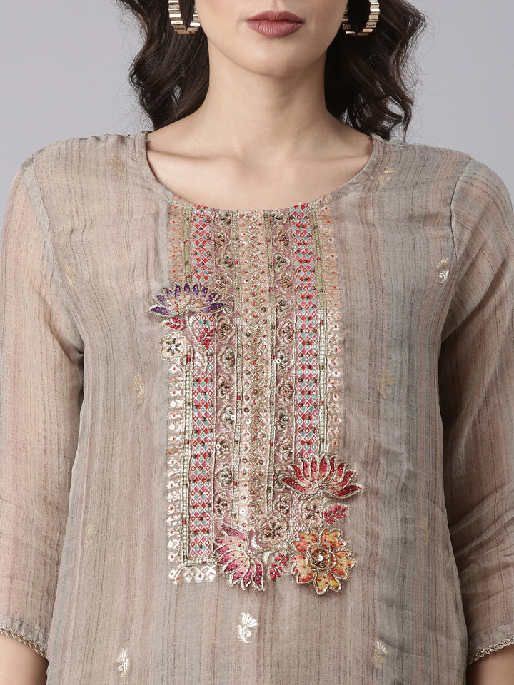 Beige Chanderi Hand Work Three Piece Set