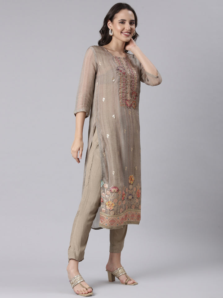 Beige Chanderi Hand Work Three Piece Set