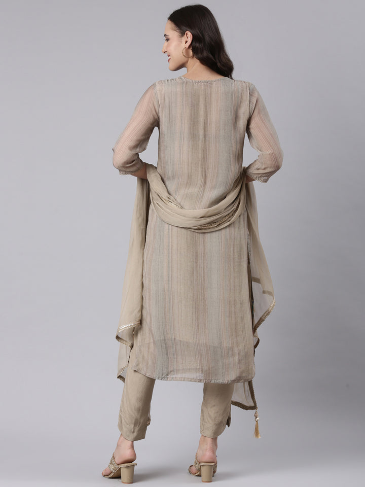 Beige Chanderi Hand Work Three Piece Set