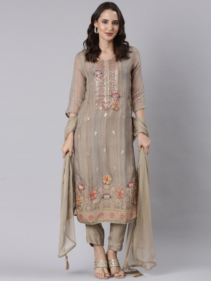 Beige Chanderi Hand Work Three Piece Set