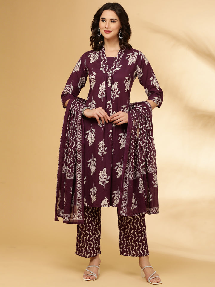 Purple Cotton Floral Printed Three Piece Set