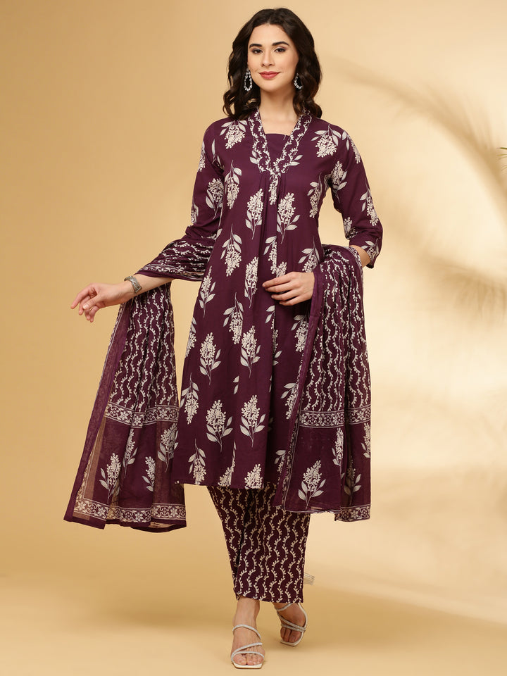Purple Cotton Floral Printed Three Piece Set